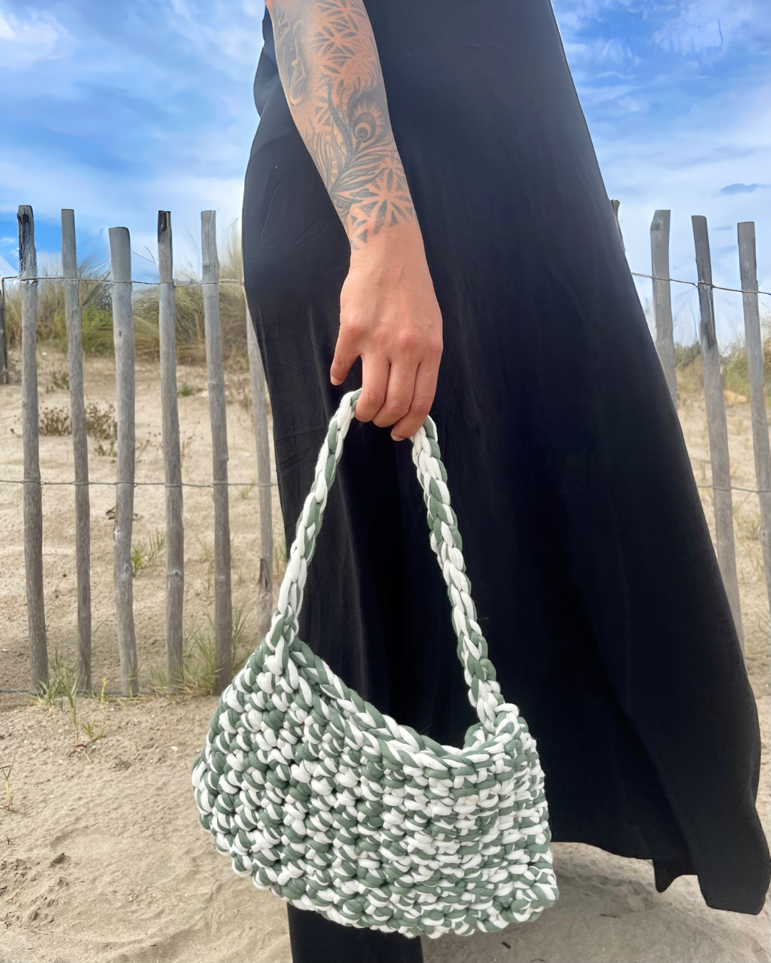 Sac à main en crochet kaki et blanc - Padlockfr