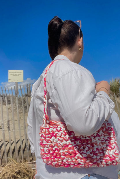 Sac à main crochet t-shirt yarn et laine rose et blanc - Padlockfr