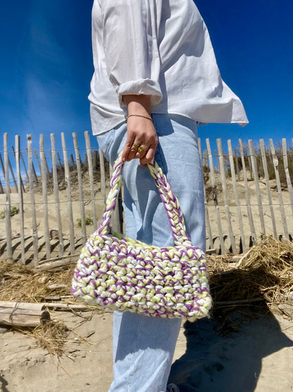 Sac à main crochet t-shirt yarn et laine blanc - violet - jaune - Padlockfr