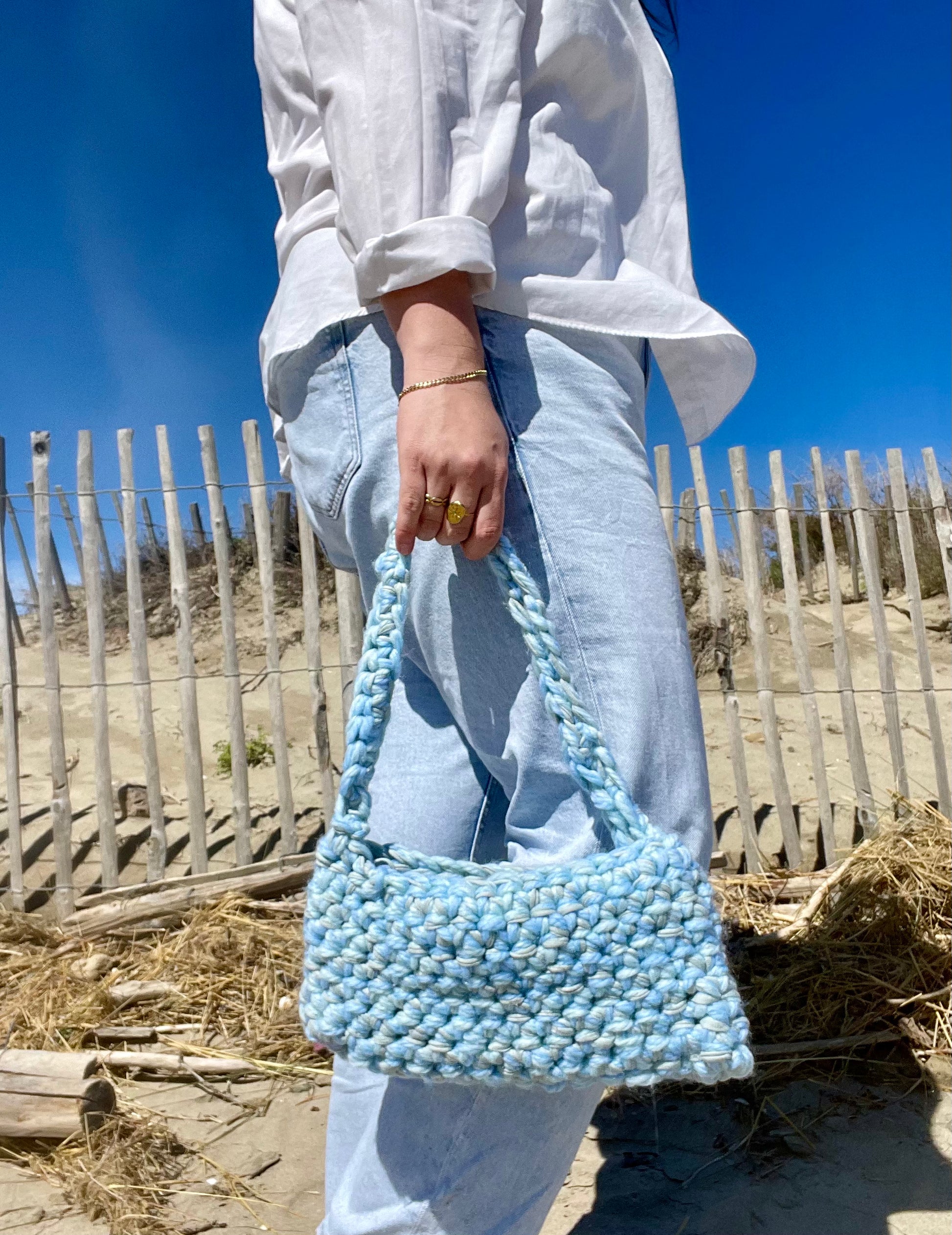 Sac à main crochet t-shirt yarn et laine bleu - Padlockfr