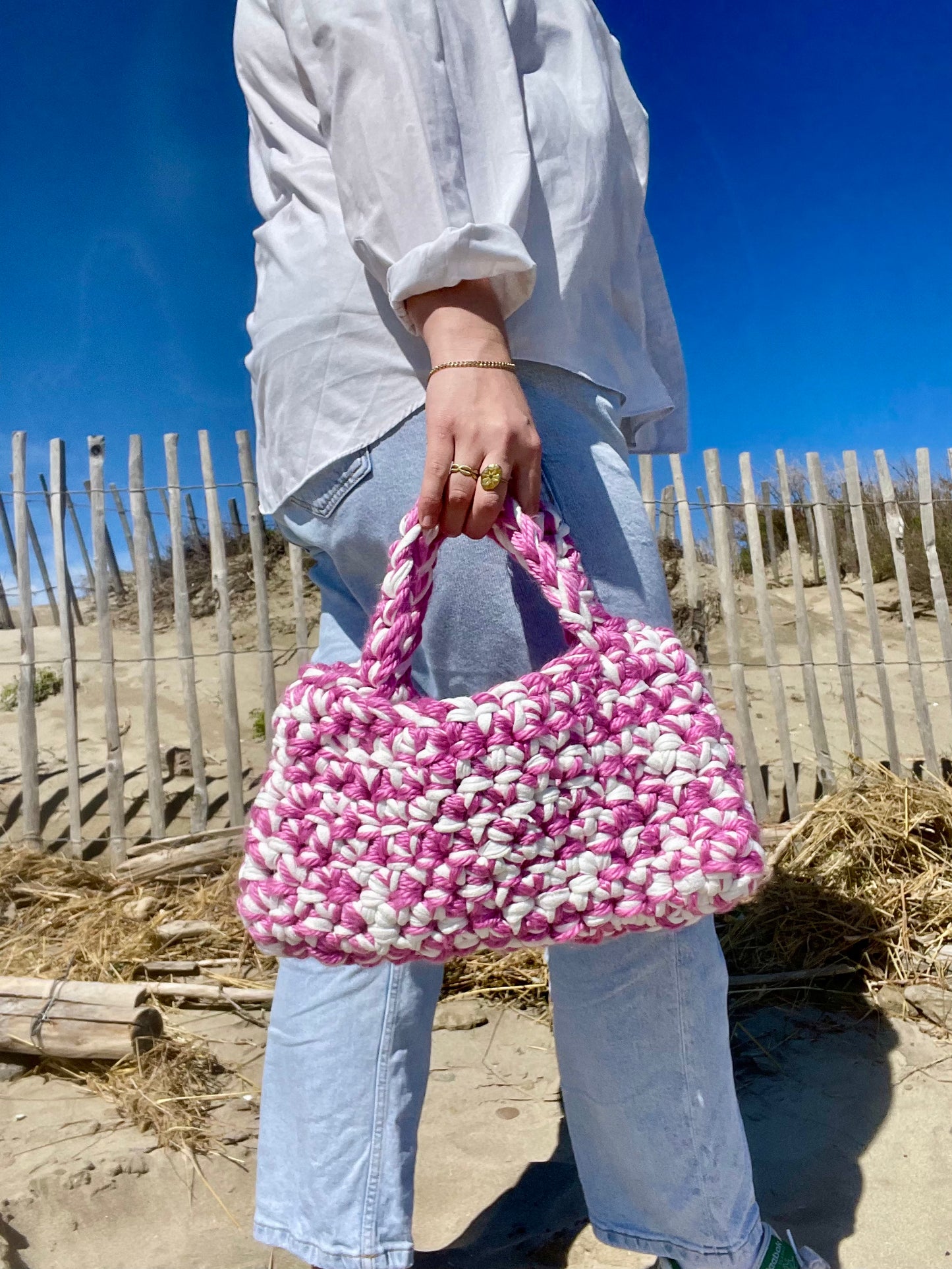 Sac à main cabas rose t-shirt yarn et laine - Padlockfr