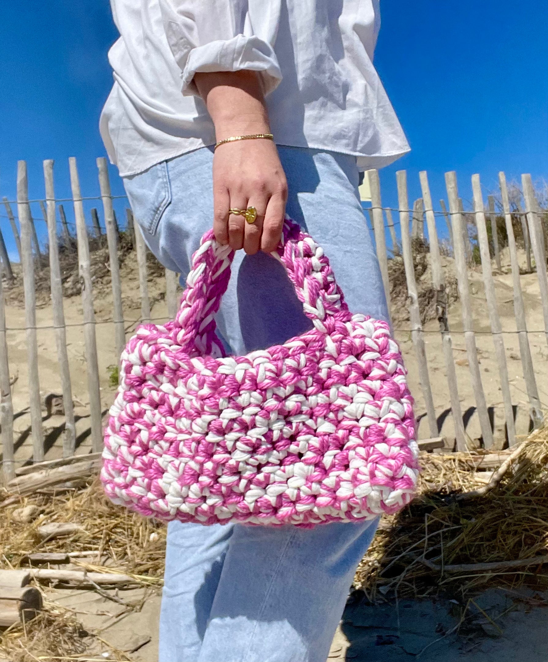 Sac à main cabas rose t-shirt yarn et laine - Padlockfr