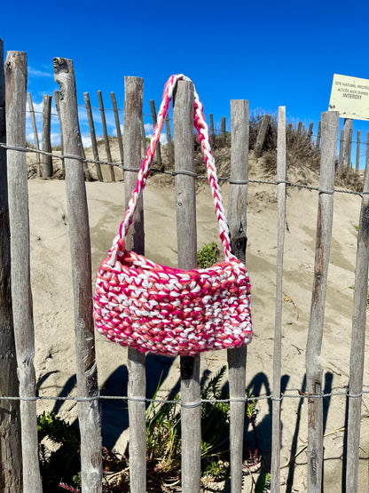 Sac à main crochet t-shirt yarn et laine rose et blanc - Padlockfr