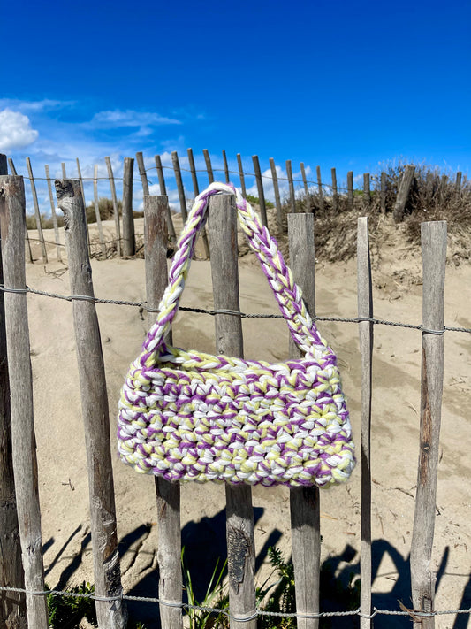 Sac à main crochet t-shirt yarn et laine blanc - violet - jaune - Padlockfr